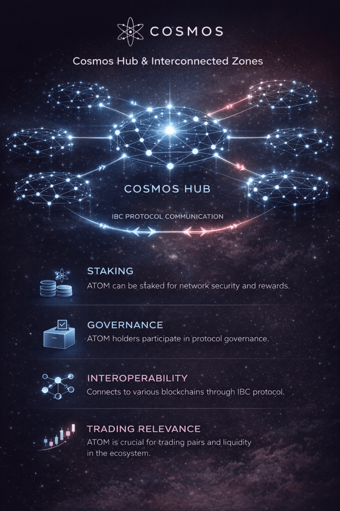 infographic showing Cosmos ATOM ecosystem with hub and connected blockchains using IBC protocol including staking governance and interoperability
