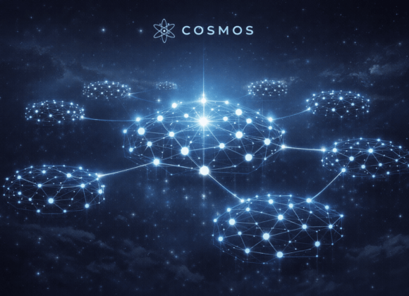 futuristic illustration of Cosmos ATOM blockchain ecosystem with interconnected networks and glowing central hub representing interoperability