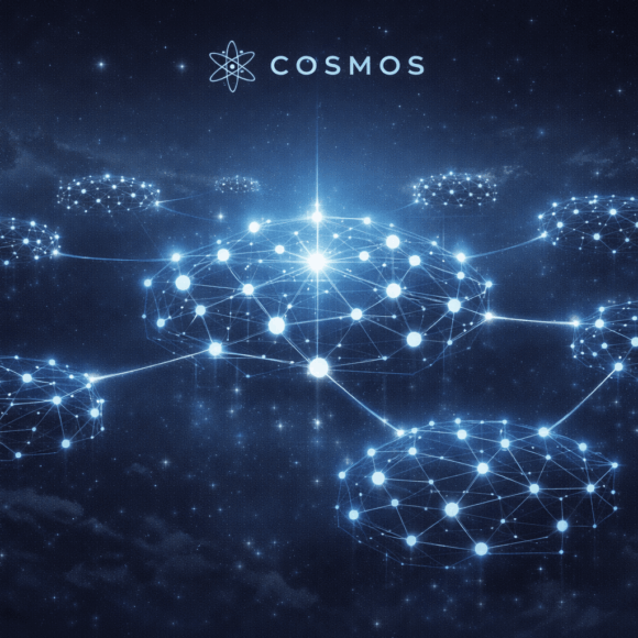 futuristic illustration of Cosmos ATOM blockchain ecosystem with interconnected networks and glowing central hub representing interoperability