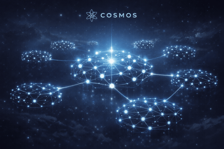 futuristic illustration of Cosmos ATOM blockchain ecosystem with interconnected networks and glowing central hub representing interoperability