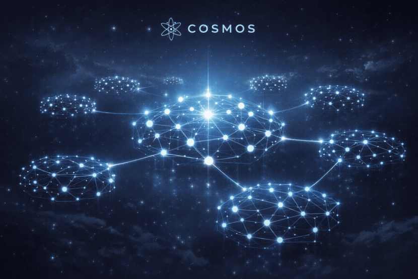 futuristic illustration of Cosmos ATOM blockchain ecosystem with interconnected networks and glowing central hub representing interoperability