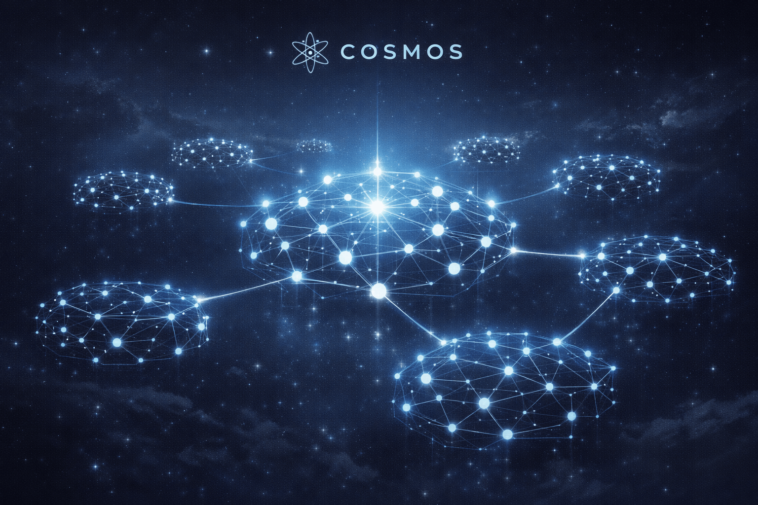 futuristic illustration of Cosmos ATOM blockchain ecosystem with interconnected networks and glowing central hub representing interoperability