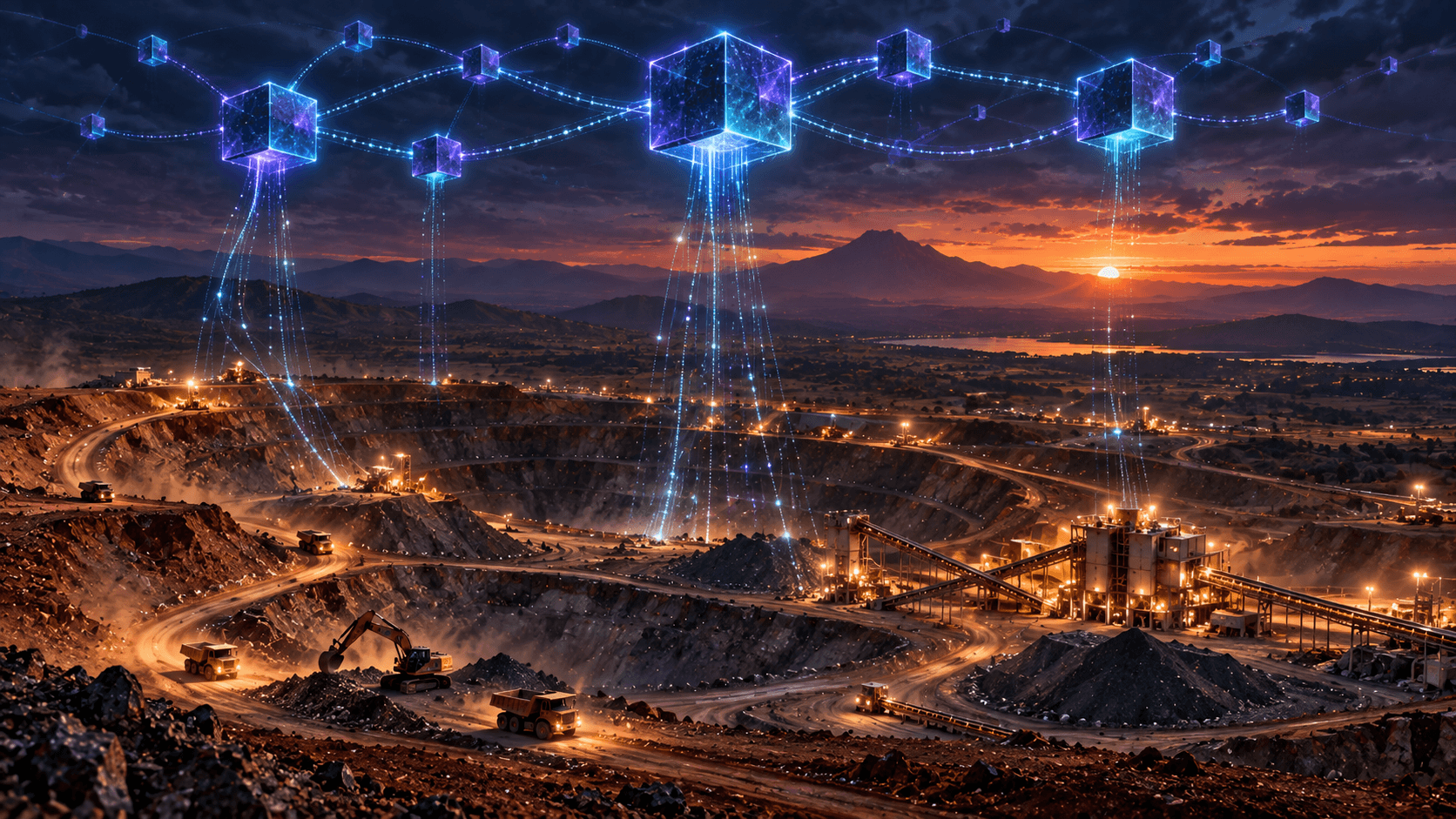Cosmos ATOM blockchain network connected to Tanzania graphite mine — IBC mineral governance RWA tokenization illustration